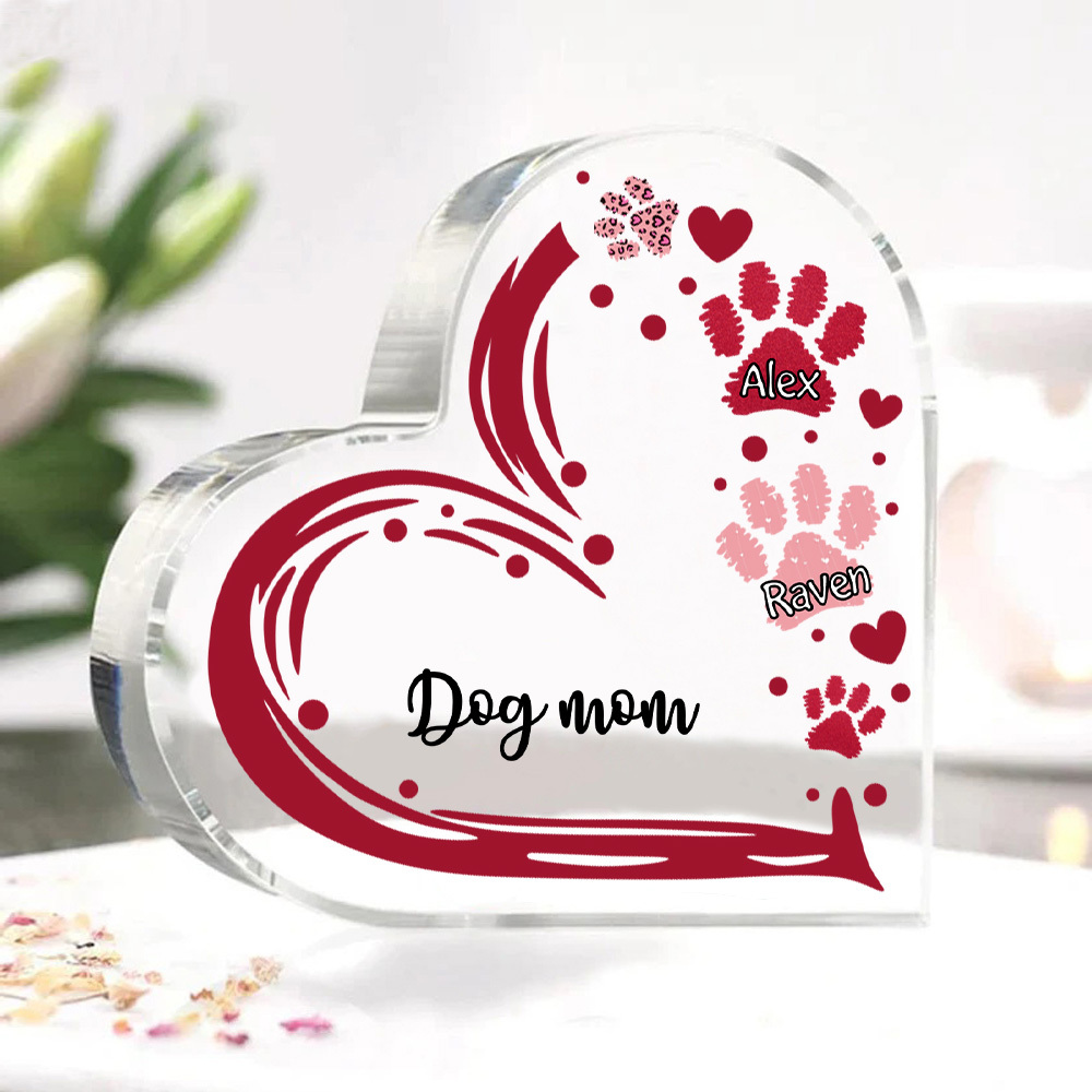 Personalised Text Acrylic Heart Keepsake Custom 2 Names Dog Footprints Ornaments Gifts for Grandma/Mother-Jessemade AU
