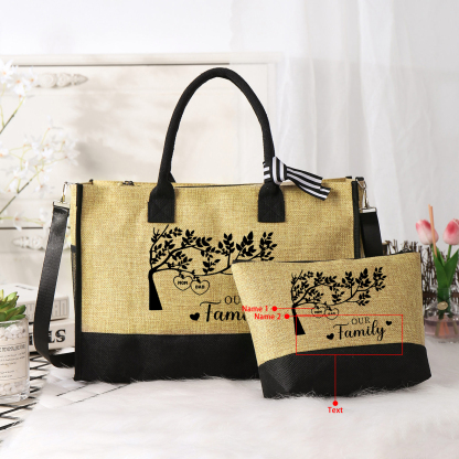 Personalised Family Tree Tote Bag Set Custom 2 Names & 1 Text Handbag Large Capacity Shoulder Bag Shopping Bag Zipper Bag Gift for Mother/Grandma-Jessemade AU