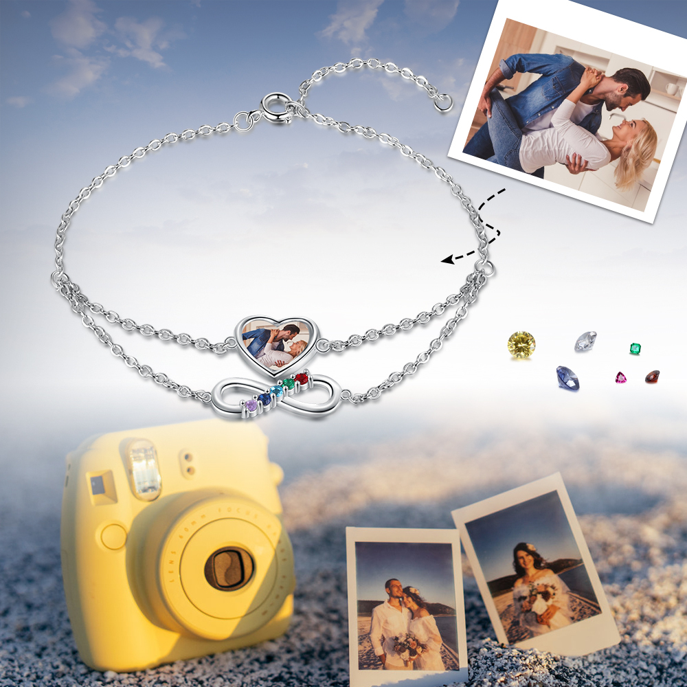 Personalised Heart Photo Bracelet With 5 Birthstones Custom Photo Bracelet Gifts For Her-Jessemade AU
