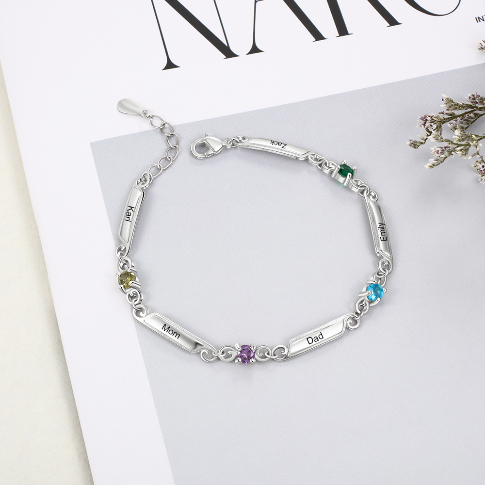 Personalised Bracelet With 4 Birthstones Engraved Names Bracelet Gift For Women-Jessemade AU