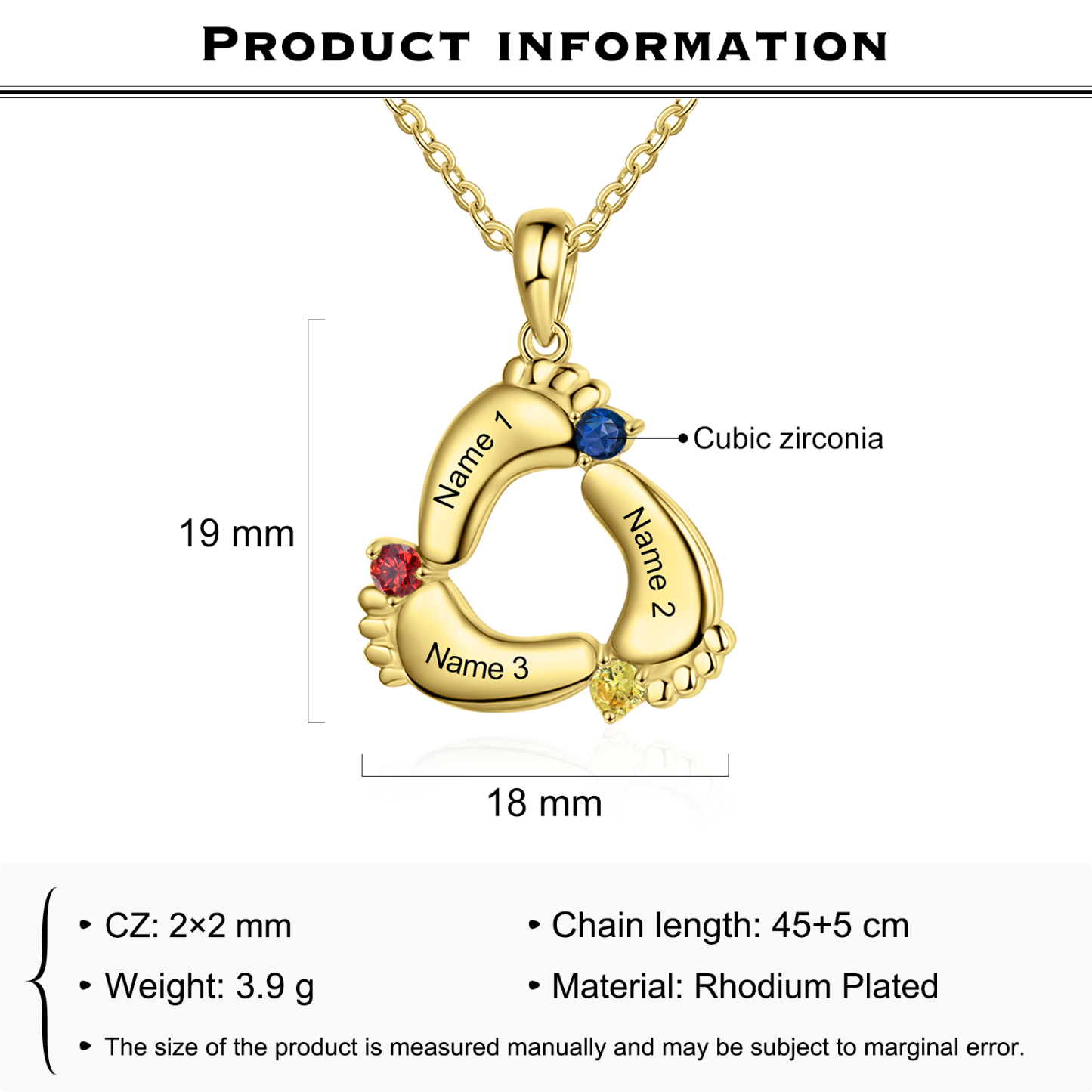 Personalised Baby Feet Necklace With 3 Birthstones Engraved Names Gift For Mother-Jessemade AU