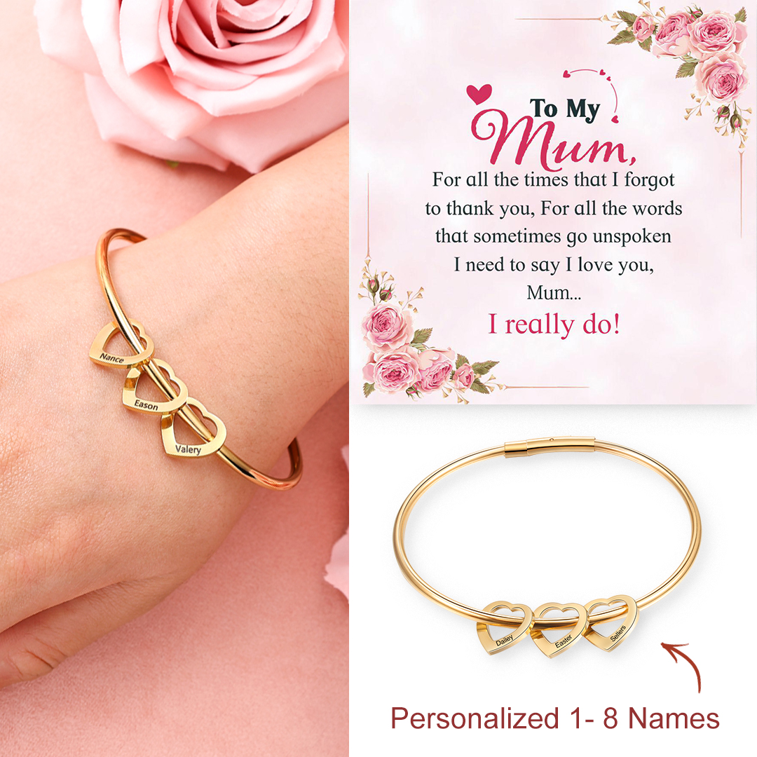 Women Bangle Bracelet with 3 Heart Pendant Engraved 3 Names Love Bracelet-Jessemade AU