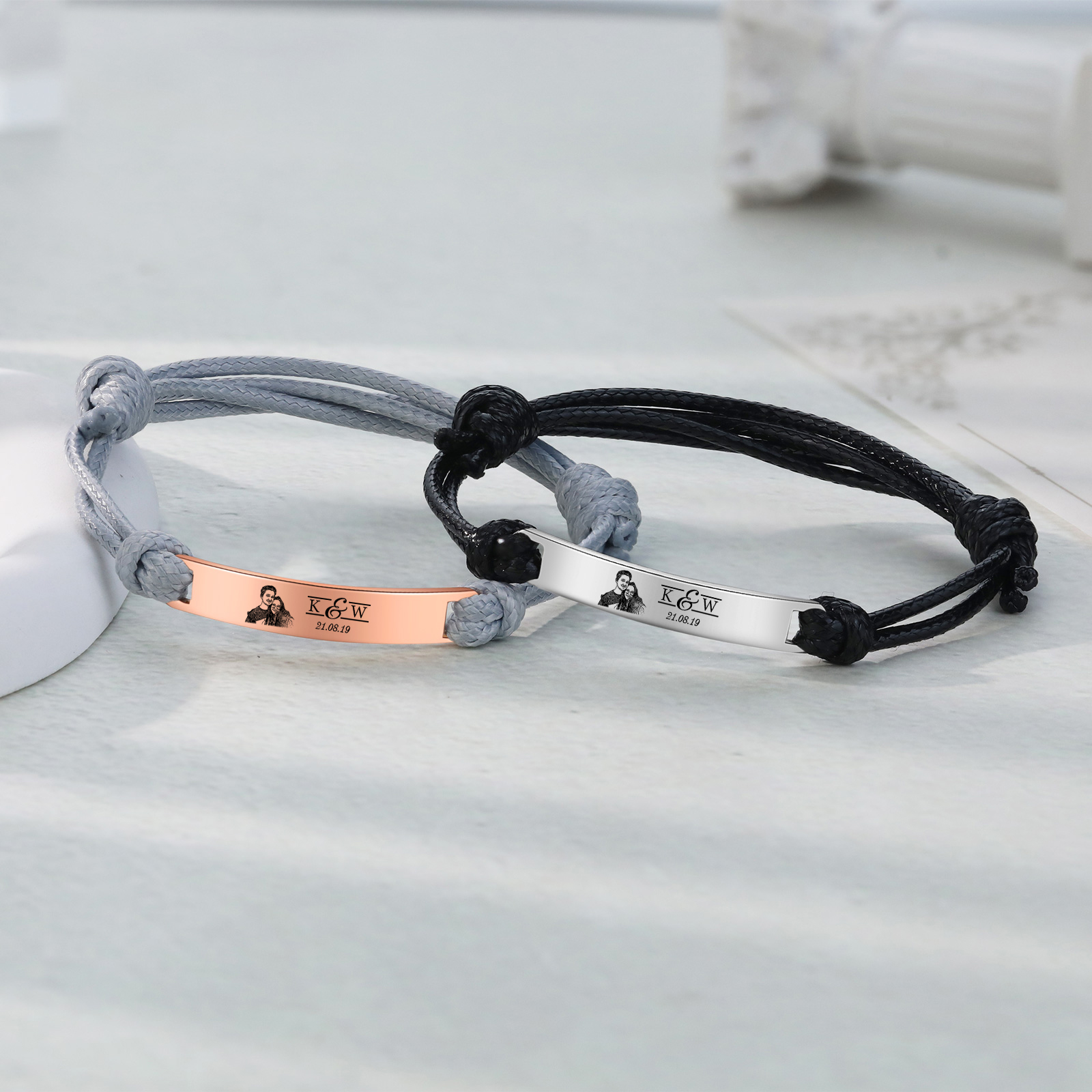 Personalised Couple Photo Bracelet Custom 2 Letters & Date Bracelet Adjustable Gifts for Him/Her-Jessemade AU