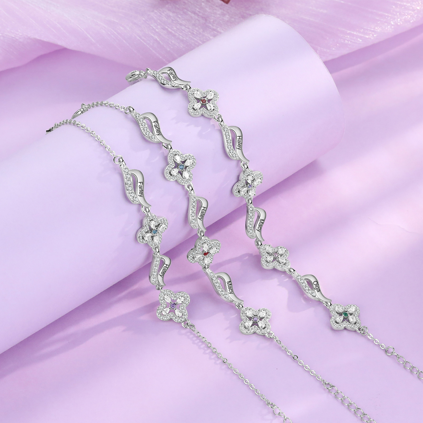 Personalised 3 Birthstones Engraved 3 Names Bracelet Women's Bracelets Birthday Gift for Her-Jessemade AU