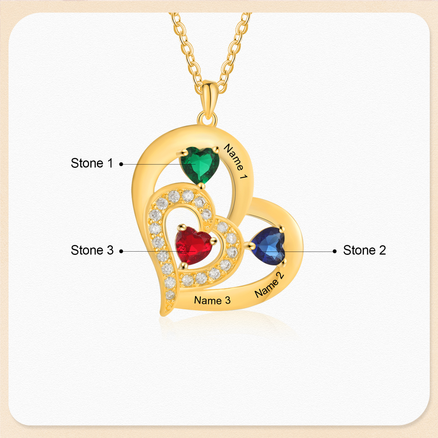 3 Names - Personalised Heart Pendant Necklace Customised Names & Birthstones Necklace Birthday Gift for Her-Jessemade AU