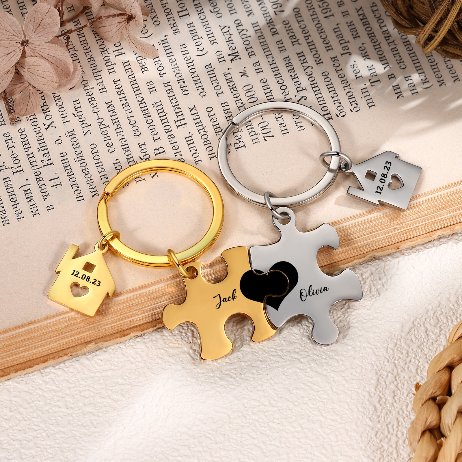 2 PCS Couple Keychain Set Custom 2 Names & Date Keyring Puzzle Keychain Valentine's Day Personalised Gift for Him/Her-Jessemade AU