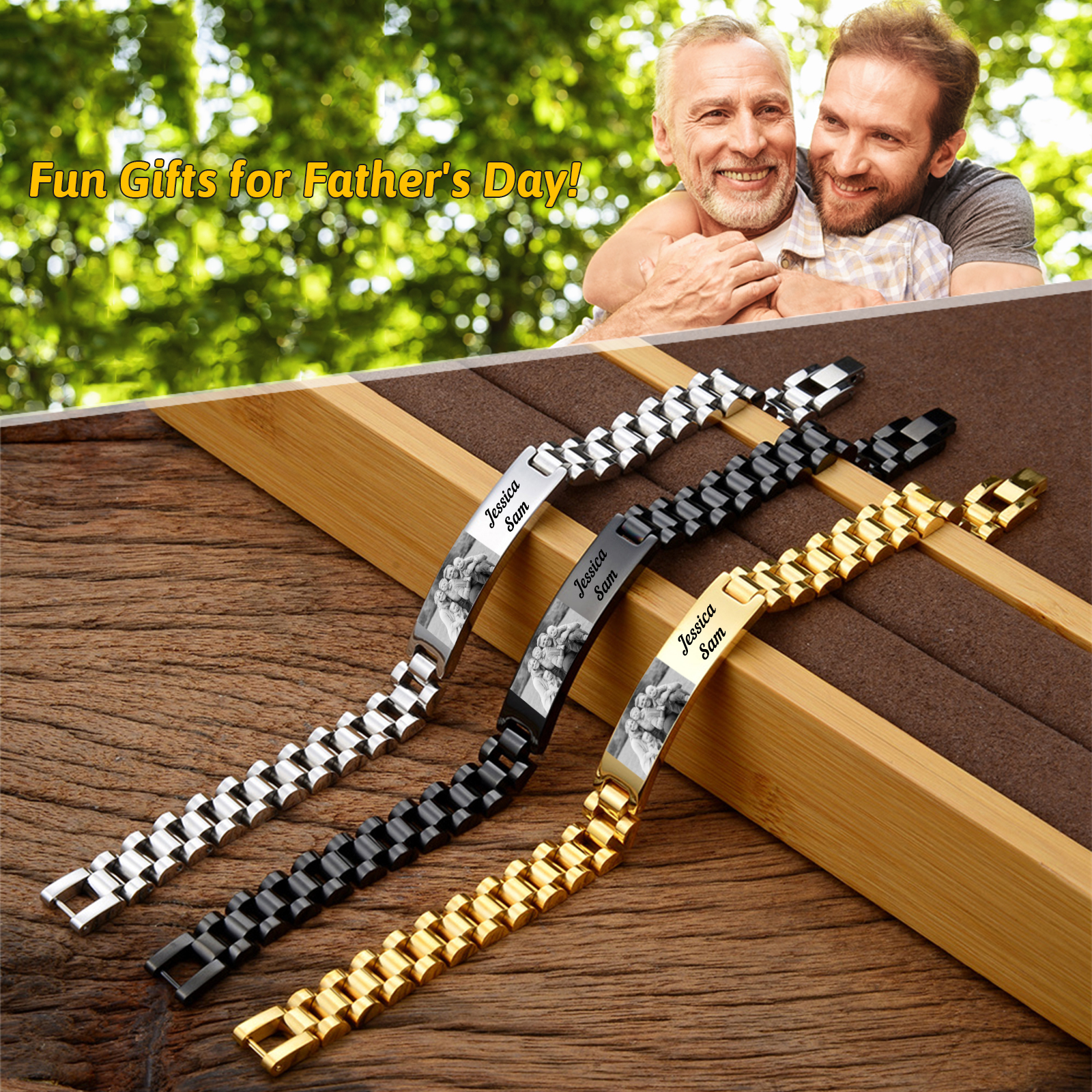 Personalised Photo Bracelet Custom Initial ID Bar Men's Bracelet Bangle Gifts For Him-Jessemade AU