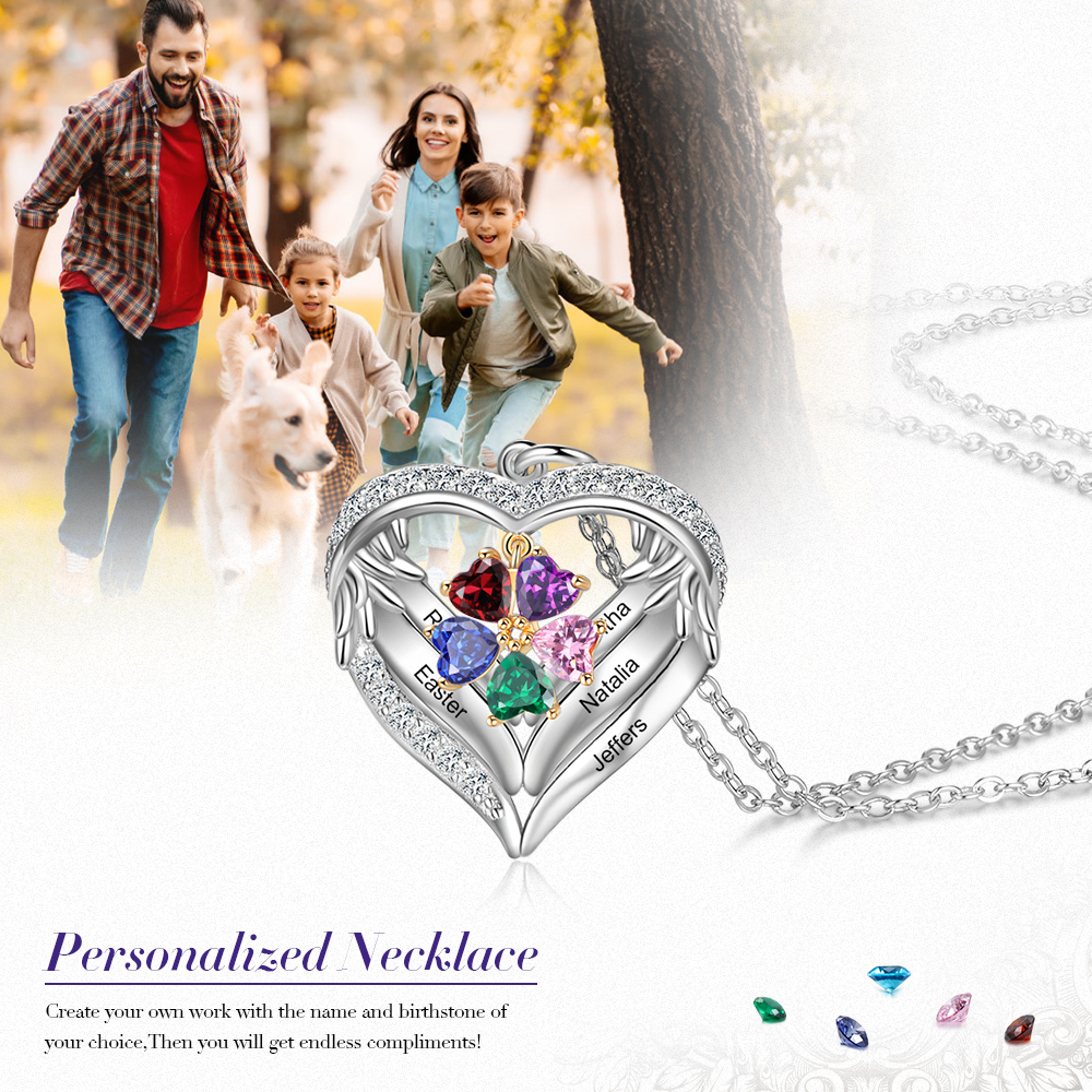 Personalised Wings Necklace With 5 Heart Birthstones Engraved Names Gift For Women-Jessemade AU