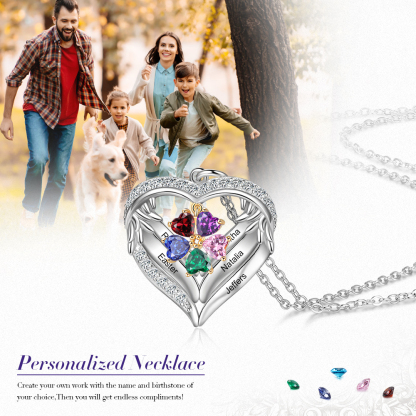 Personalised Wings Necklace With 5 Heart Birthstones Engraved Names Gift For Women-Jessemade AU