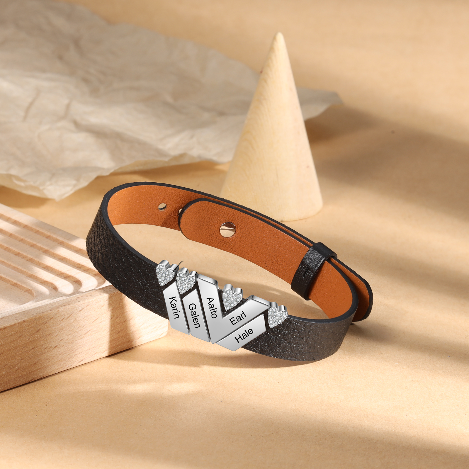 Customised Leather Bracelet with Beads Engraved 5 Names Bangle for Him-Jessemade AU