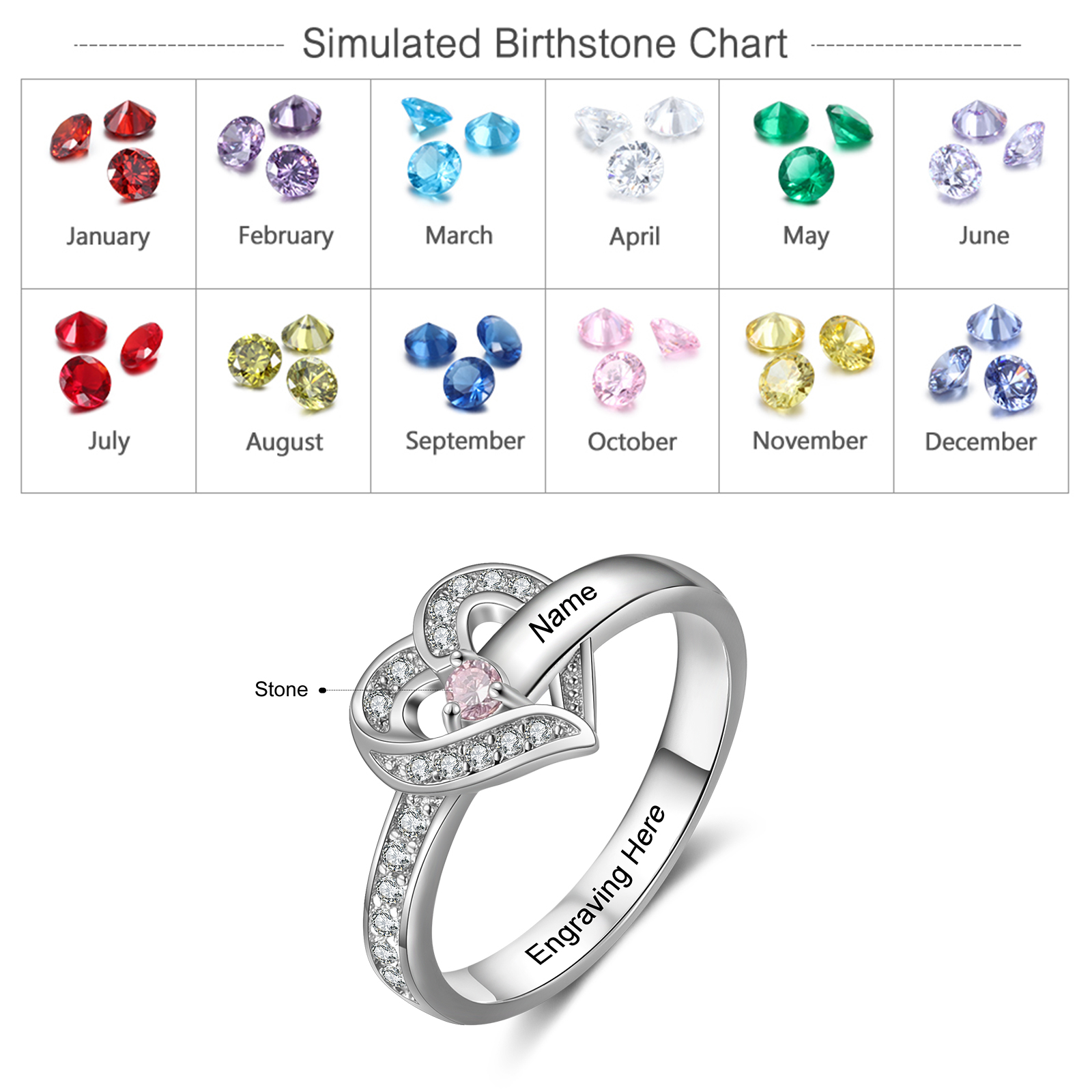 Personalised Heart Ring With 1 Birthstone Engraved Names Ring Gift For Women-Jessemade AU