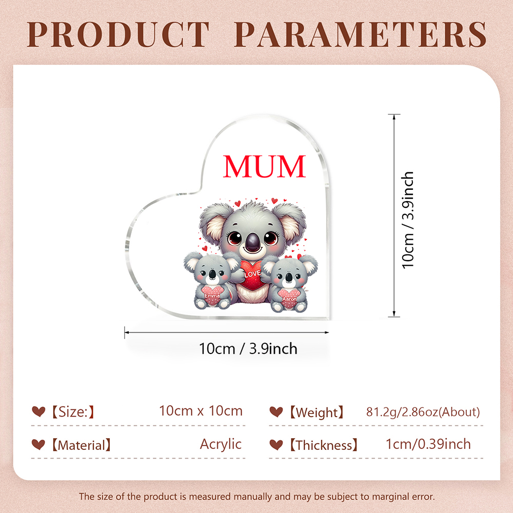 Personalised Acrylic Heart Keepsake Custom 1 Text & 2 Names Ornament Koala Family Gifts for Mother/Grandma-Jessemade AU