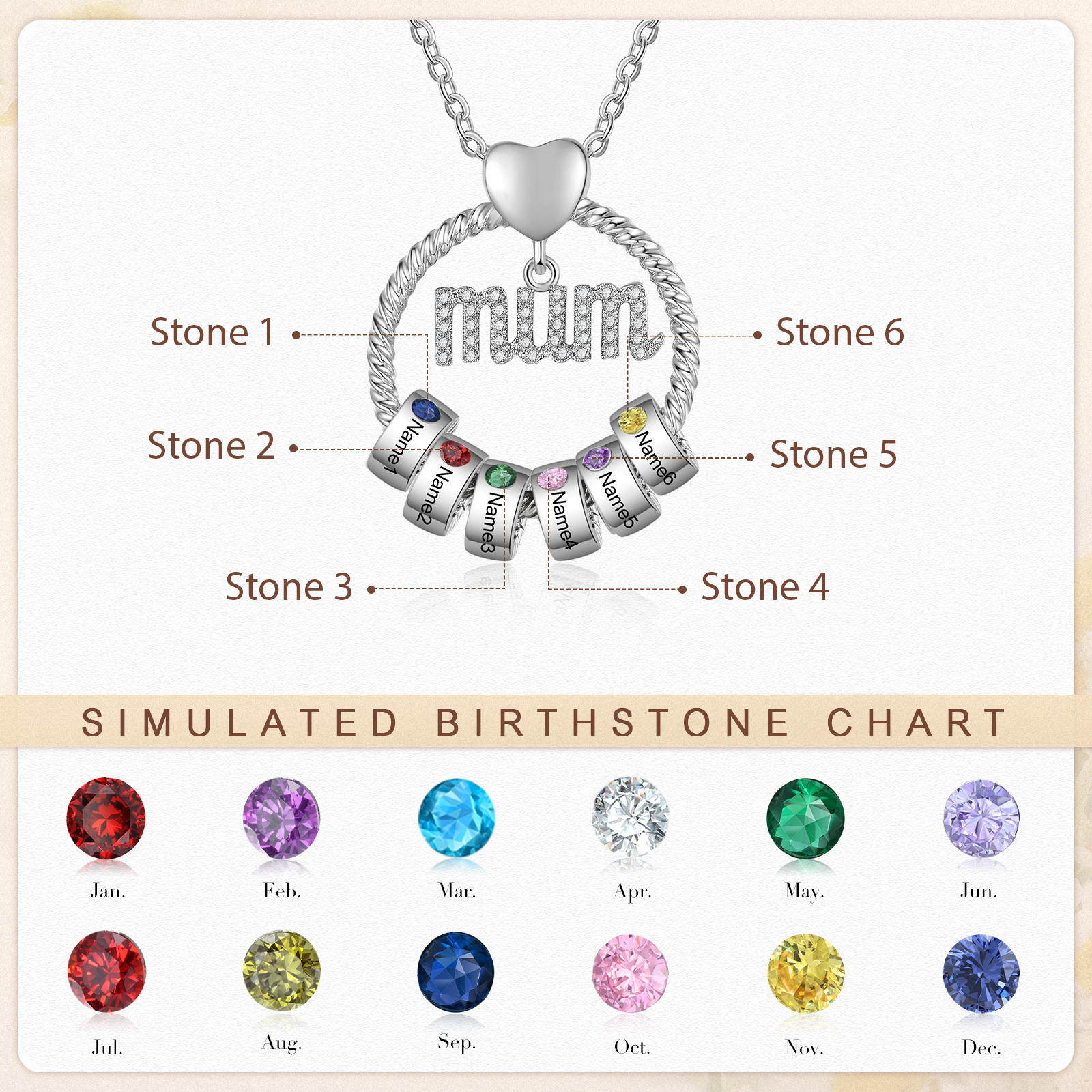 To Mum - 6 Names Personalised Mum Circle Pendant Necklace Custom Name & Birthstone Gifts For Mum | JesseMade