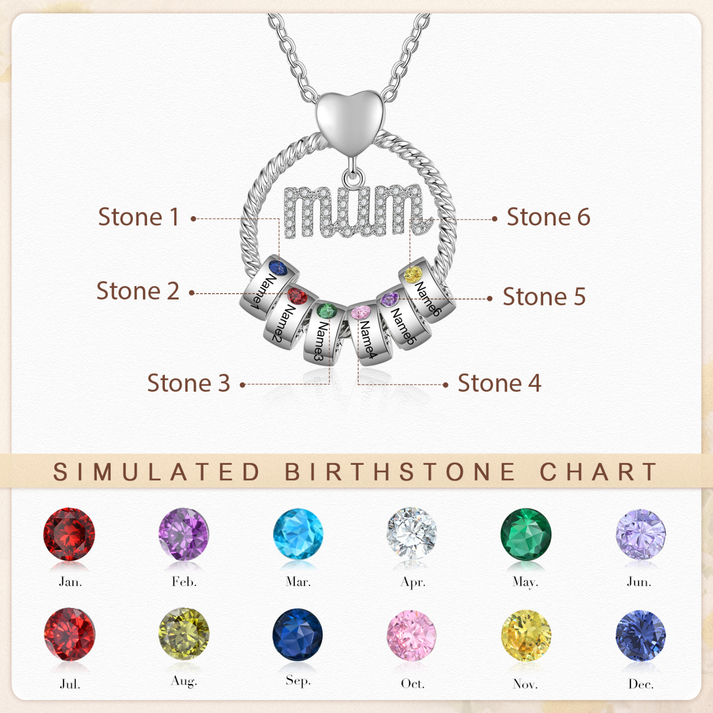 To Mum - 6 Names Personalised Mum Circle Pendant Necklace Custom Name & Birthstone Gifts For Mum | JesseMade