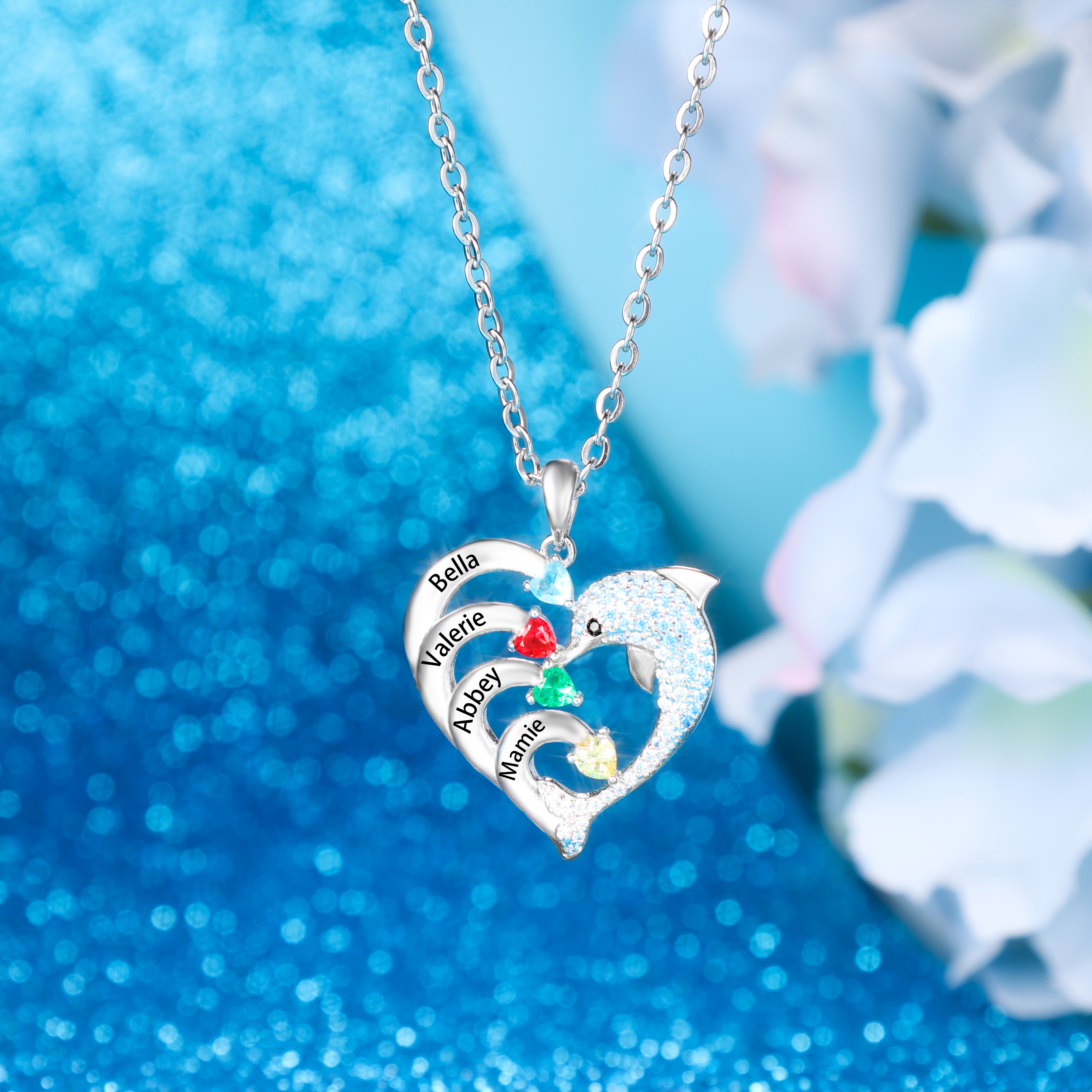 Personalised Heart Dolphin Necklace With 5 Birthstones Engraved Names Gift For Mum-Jessemade AU