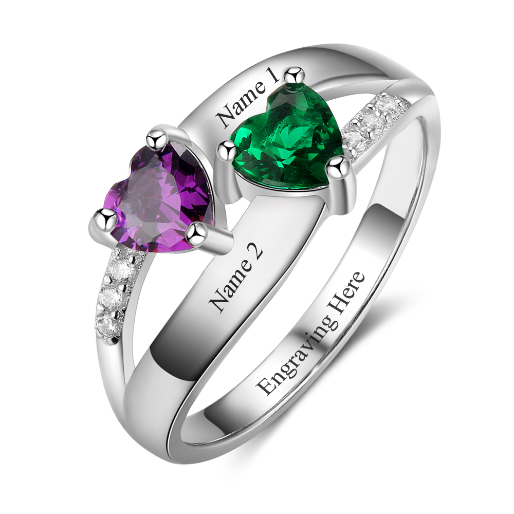 Personalised Ring With 2 Birthstones Engraved Names Ring Gift For Women-Jessemade AU