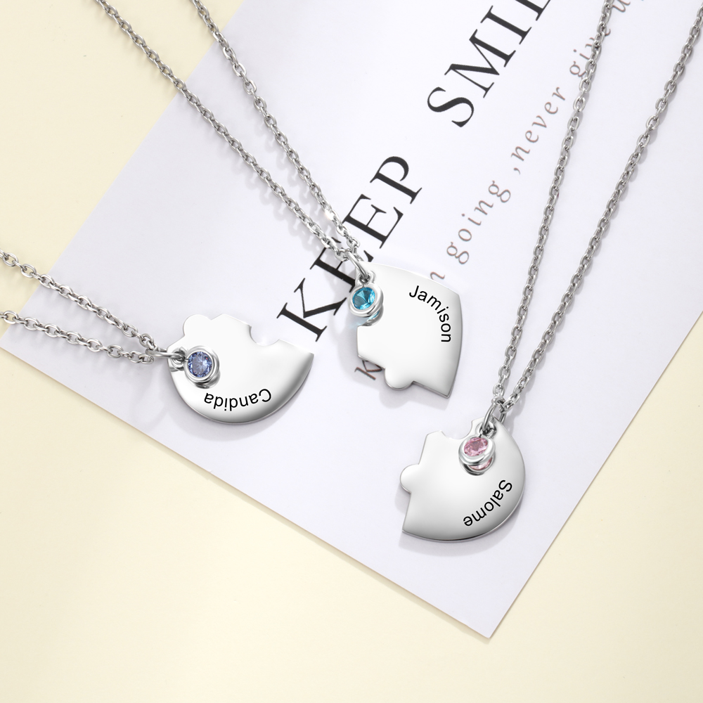 Personalised Puzzle Necklace With Birthstone Custom 3 Names Gifts For Mom BBF Friendship Style-Jessemade AU