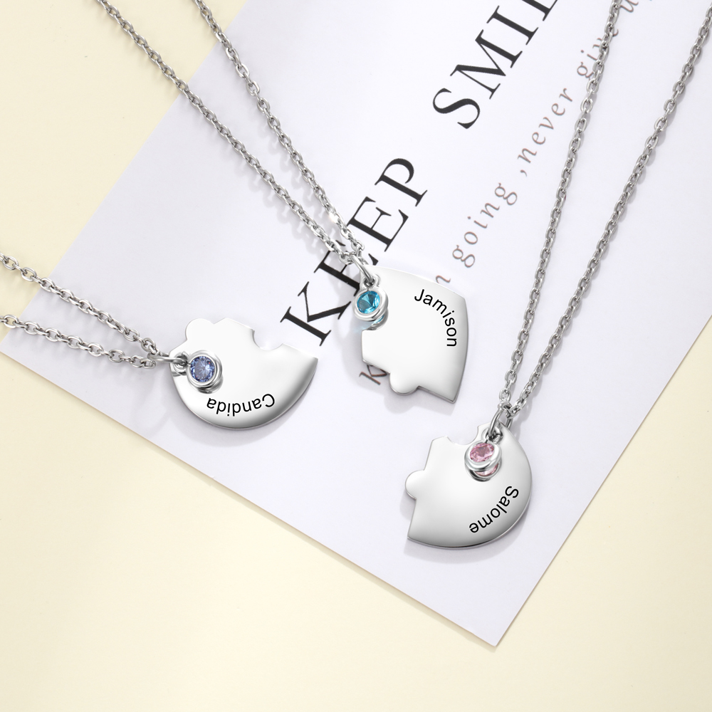 Personalised Puzzle Necklace With Birthstone Custom 3 Names Gifts For Mom BBF Friendship Style-Jessemade AU