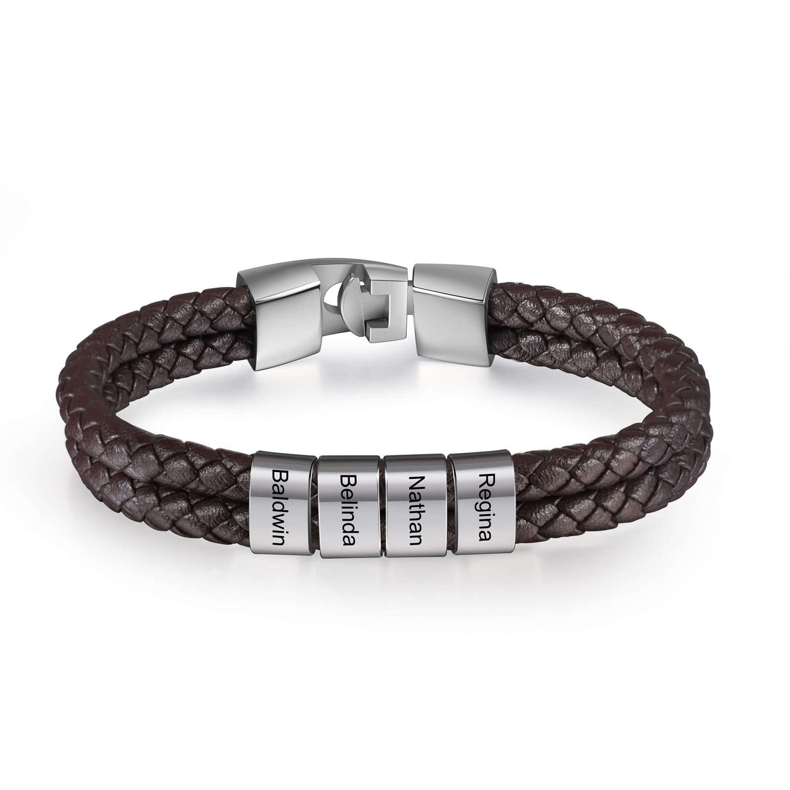 Brown Personalised Double Layered Braided Leather Bracelet Engraved 4 Names Mens Bracelet for Him