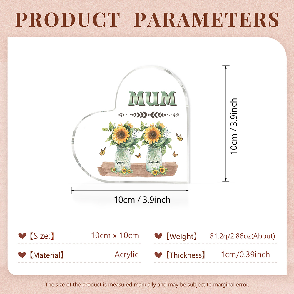 Personalised Acrylic Heart Keepsake Custom 2 Names & 1 Text Sunflower Vase Ornament Gifts for Mother/Grandma-Jessemade AU
