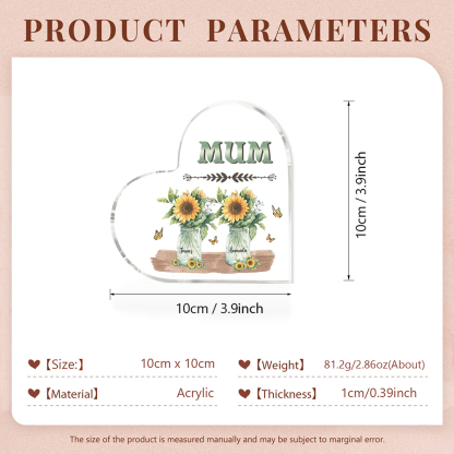 Personalised Acrylic Heart Keepsake Custom 2 Names & 1 Text Sunflower Vase Ornament Gifts for Mother/Grandma-Jessemade AU