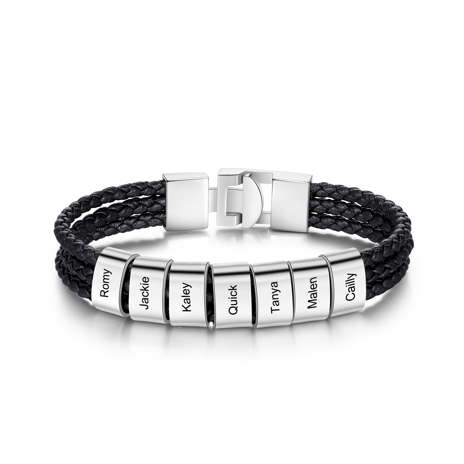Personalised Braided Leather Bracelet Engraved 7 Names Men's Bracelet for Him-Jessemade AU