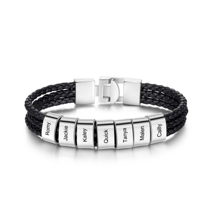 Personalised Braided Leather Bracelet Engraved 7 Names Men's Bracelet for Him-Jessemade AU