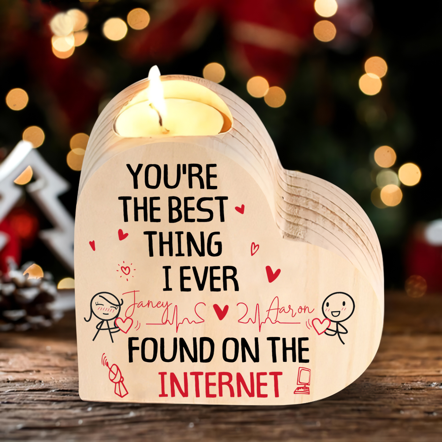 Line Art Couple Candle Holder Custom 2 Names Wooden Candlesticks Romantic Gifts - You're The Best Thing I Ever Found On The Internet-Jessemade AU