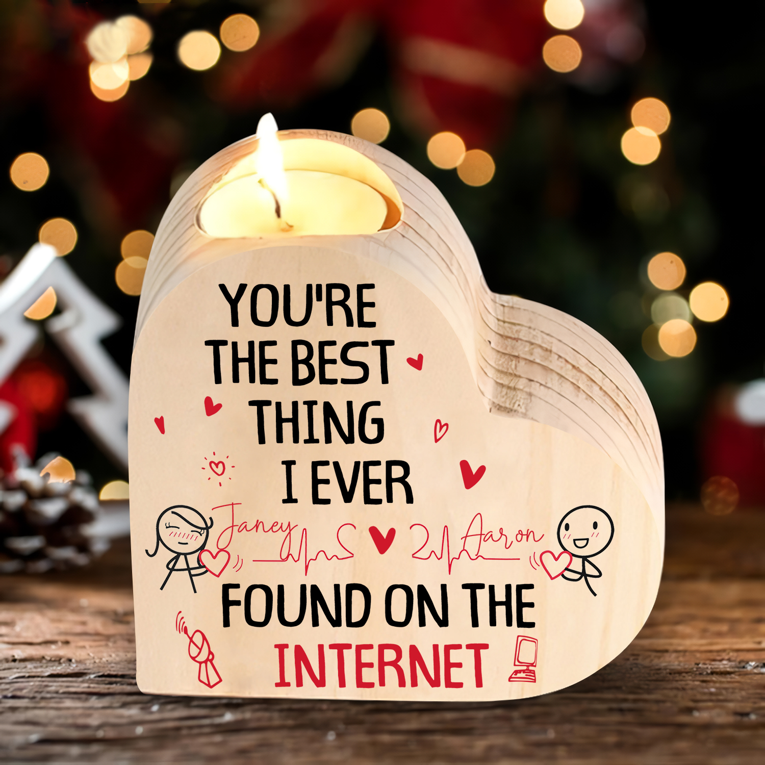 Line Art Couple Candle Holder Custom 2 Names Wooden Candlesticks Romantic Gifts - You're The Best Thing I Ever Found On The Internet-Jessemade AU