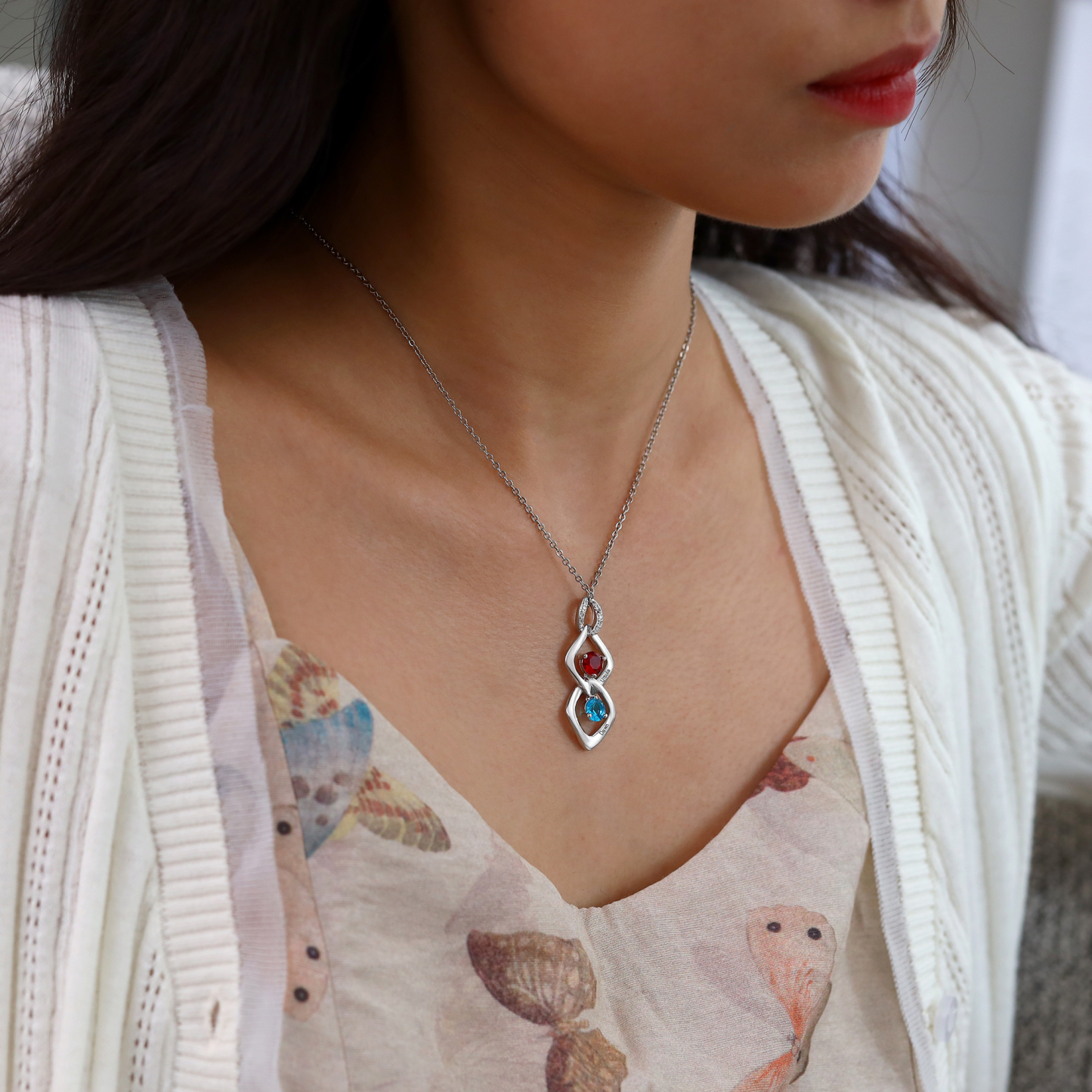 Personalised Pendant Necklace Custom 2 Birthstones Engraved 2 Names Necklace Gift for Women-Jessemade AU