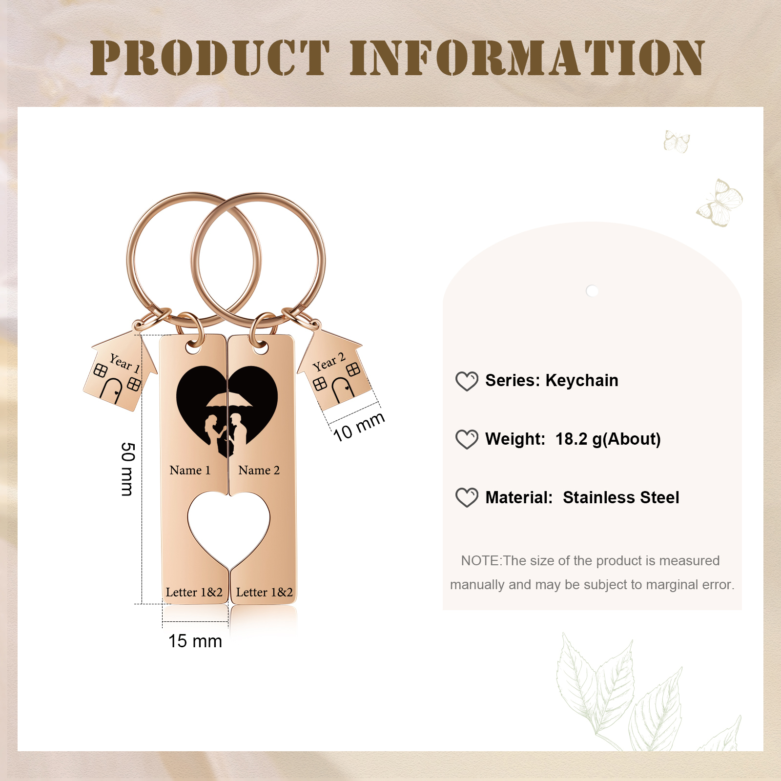 Personalised Couple Keychain Custom 2 Names & Letters & Years Metal Keyring Heart Matching Keychains for Couples-Jessemade AU