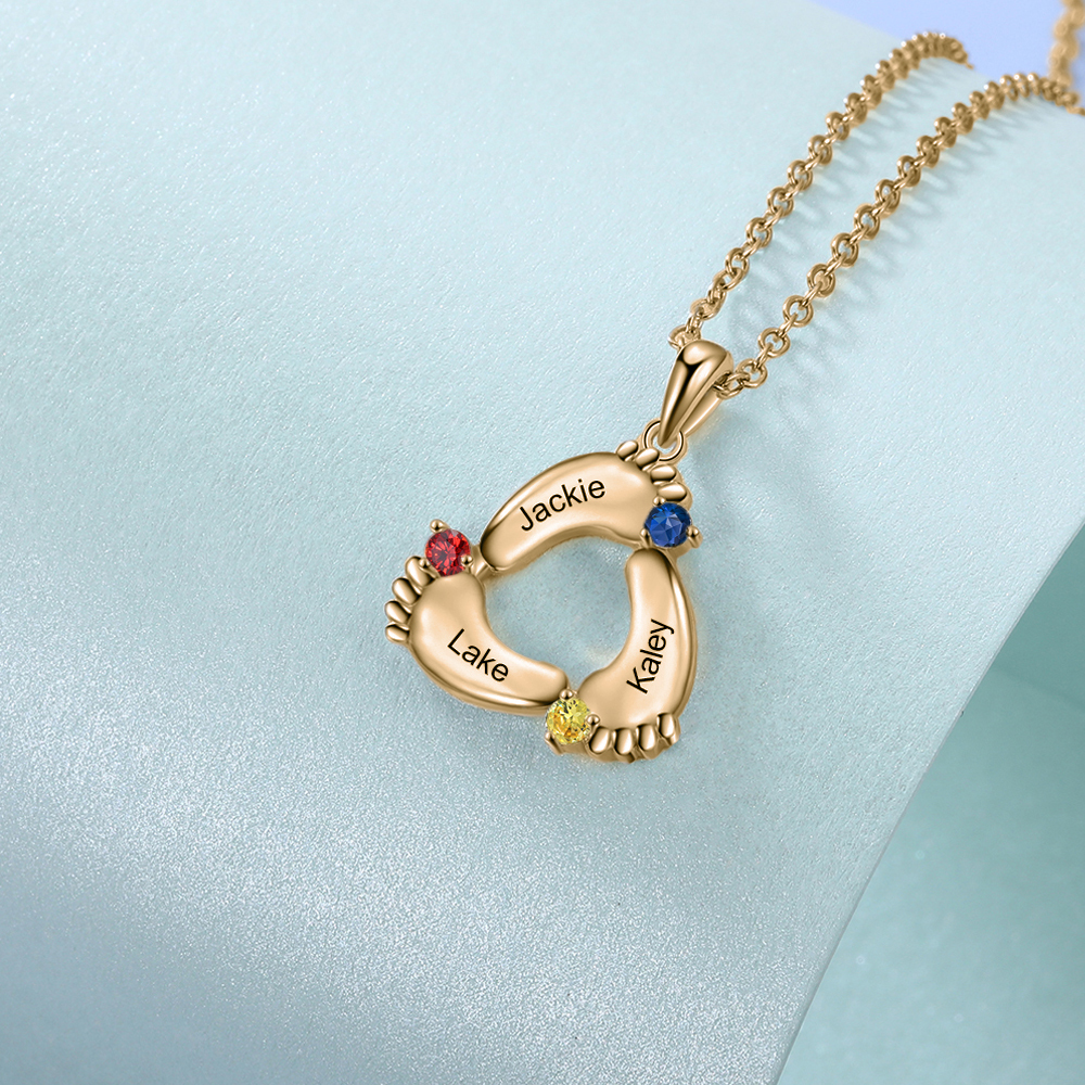 Personalised Baby Feet Necklace With 3 Birthstones Engraved Names Gift For Mother-Jessemade AU