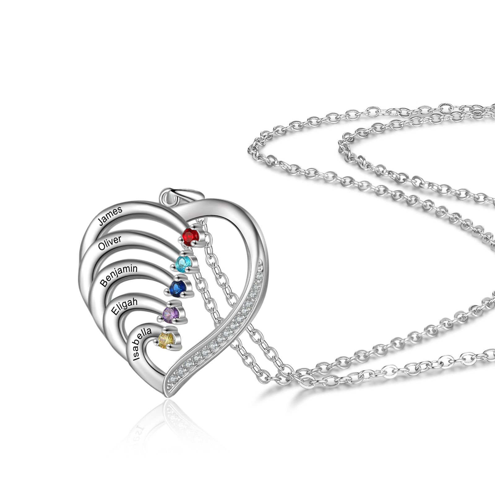Personalised Mother Necklace 5 Stones Engraved 5 Names Birthstone Intertwined Heart Pendant Gifts for Her-Jessemade AU