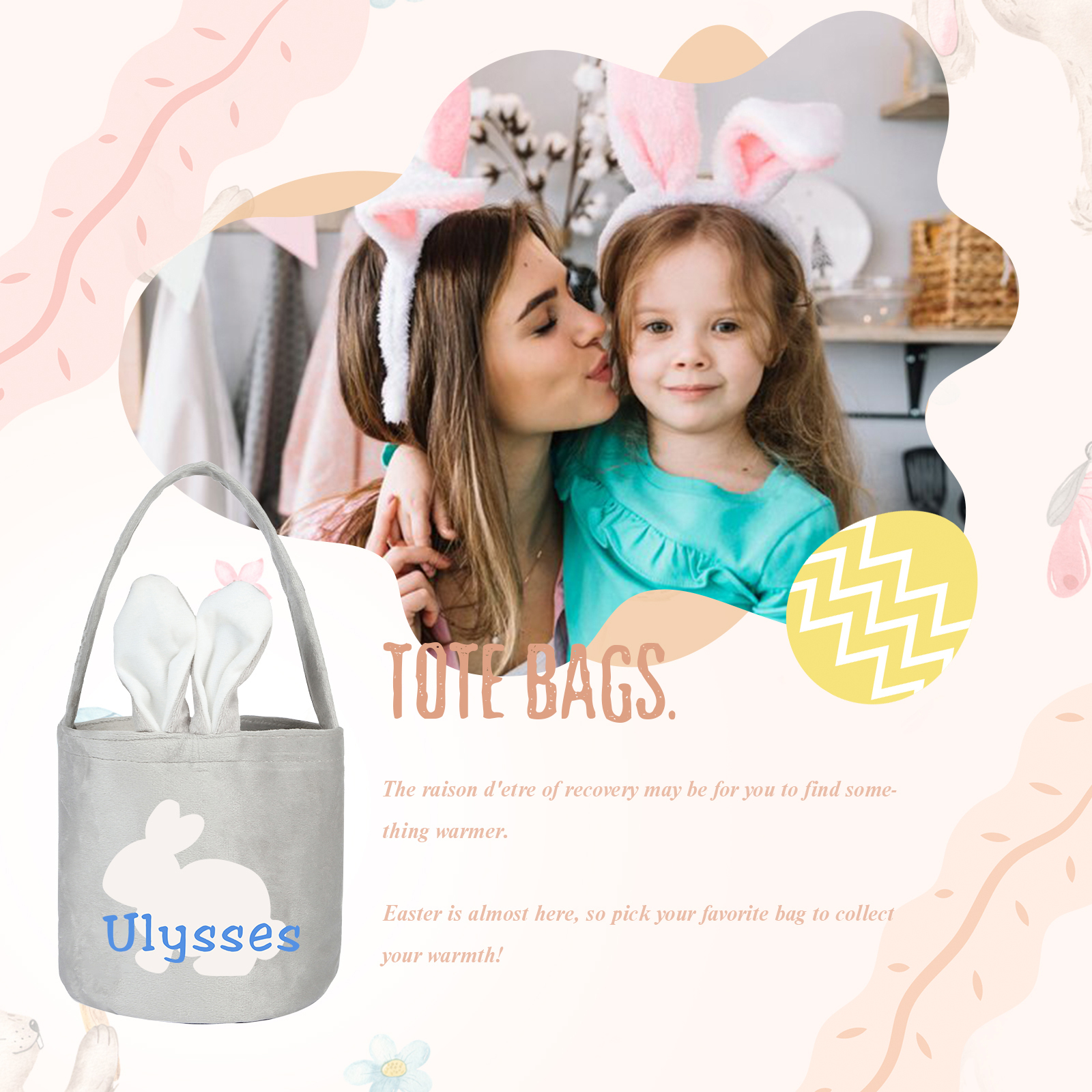 Personalised Bunny Tote Bag Customised with Name Bunny Basket Bucket Bag Easter Gifts-Jessemade AU