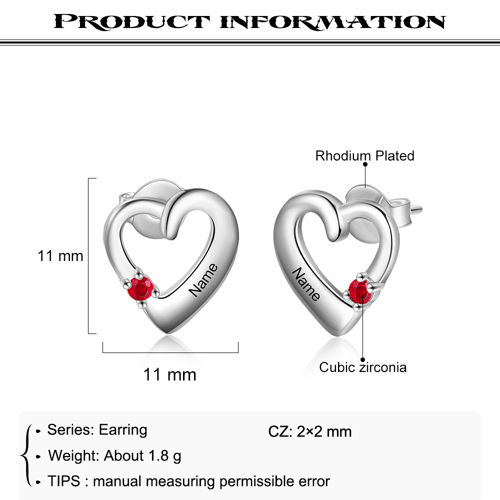 Heart Birthstone Earrings Personalised 1 Name 1 Stone Gifts for Her-Jessemade AU