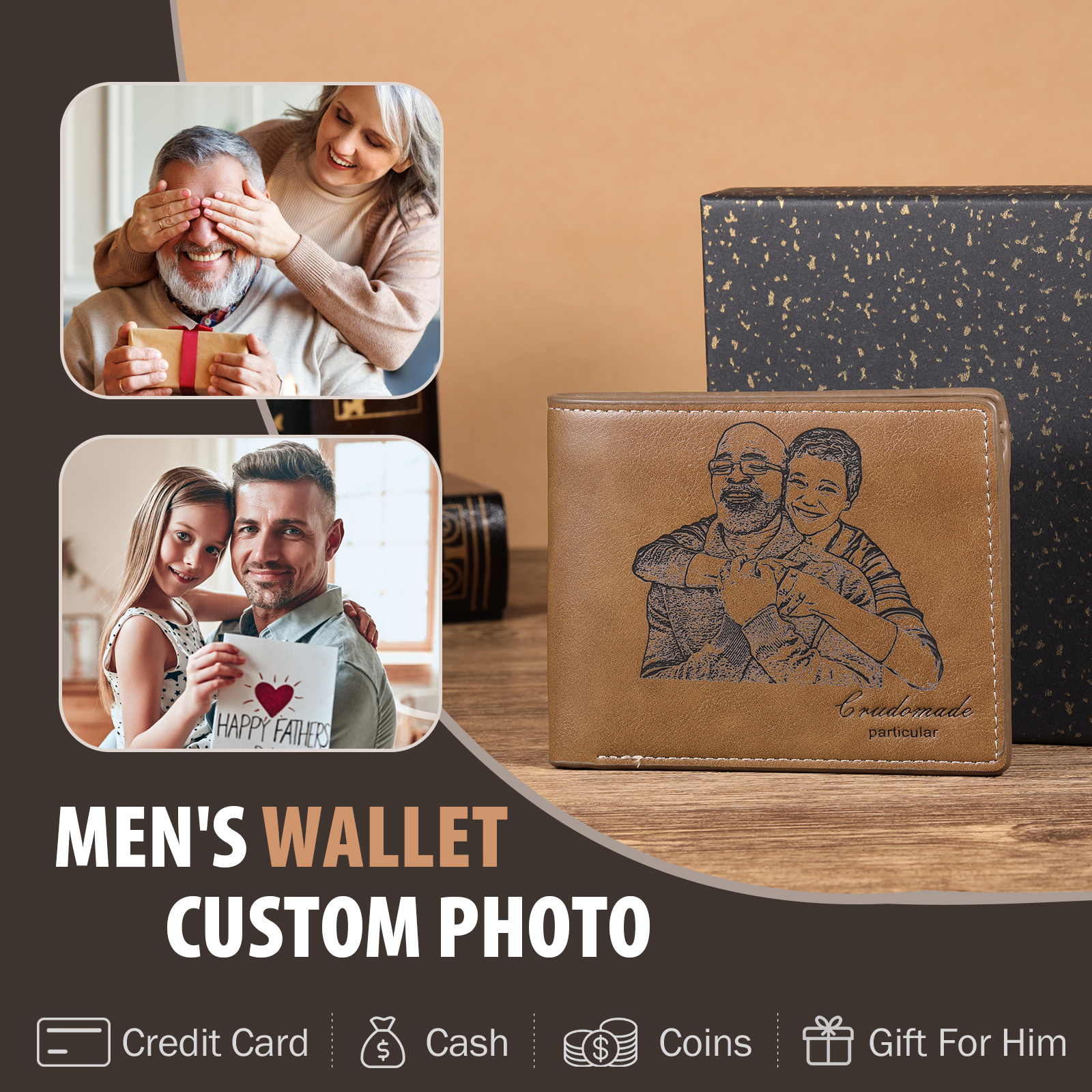 Personalised Men's Wallet Custom Photo & Text Brown Billfold Wallet Gift for Grandpa