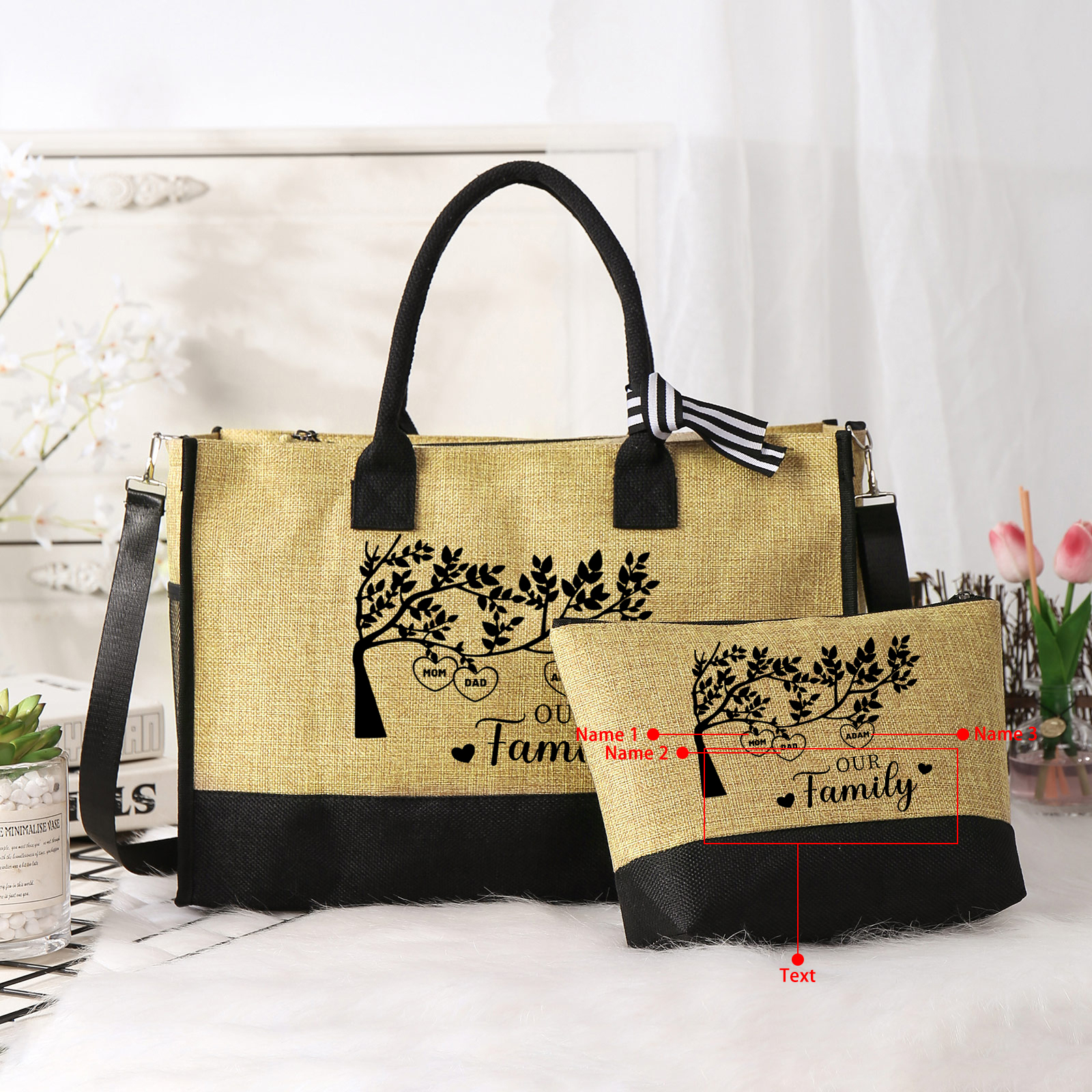 Personalised Family Tree Tote Bag Set Custom 3 Names & 1 Text Handbag Large Capacity Shoulder Bag Shopping Bag Zipper Bag Gift for Mother/Grandma-Jessemade AU