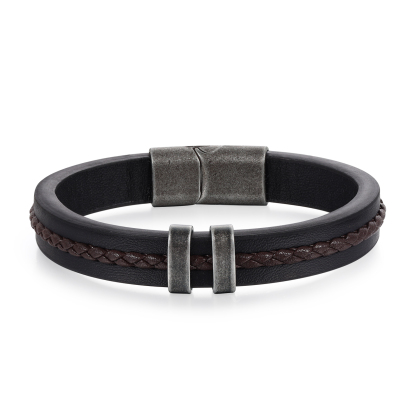 2 Names - Personalised Men's Leather Bracelet Custom Text Beaded Bracelets Vintage Gift for Him