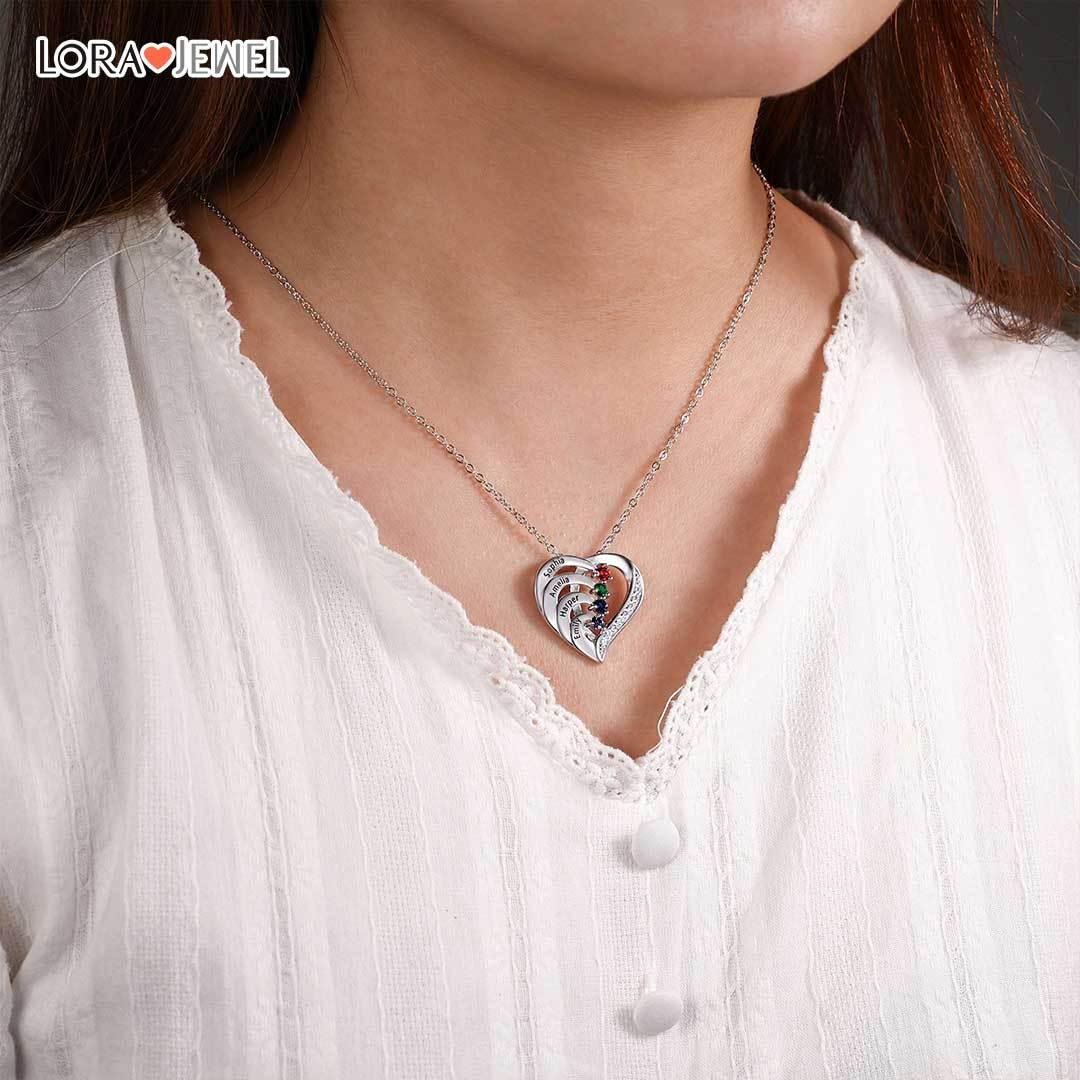 Personalised Mother Necklace Engraved 3 Names 3 Birthstone Intertwined Heart Pendant