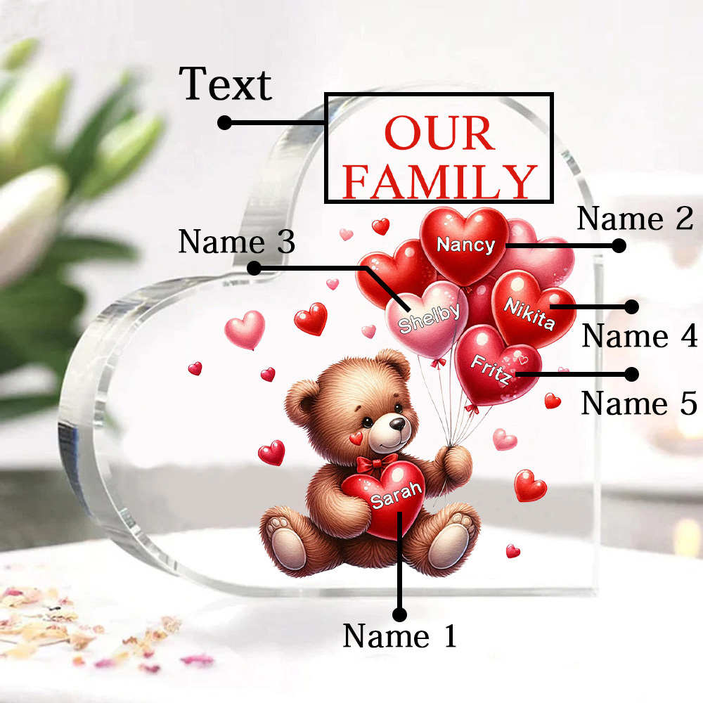 5 Names - Personalised Acrylic Heart Keepsake Custom Text Teddy Bear Balloon Ornaments Gifts for Grandma/Mother-Jessemade AU
