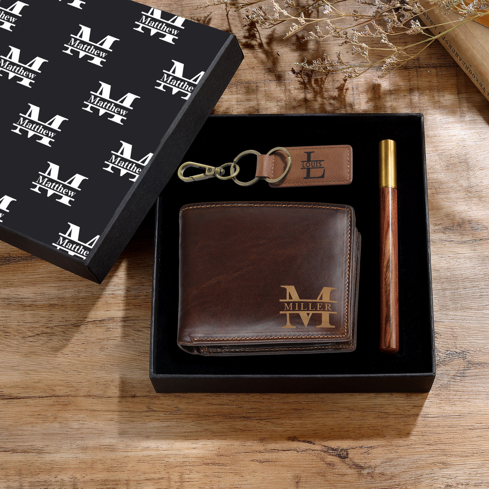 Personalised 2 Texts & 3 Names & 3 Letters Gift Set Custom Wallet & Keychain & Pen Gift Box Set Gift for Him