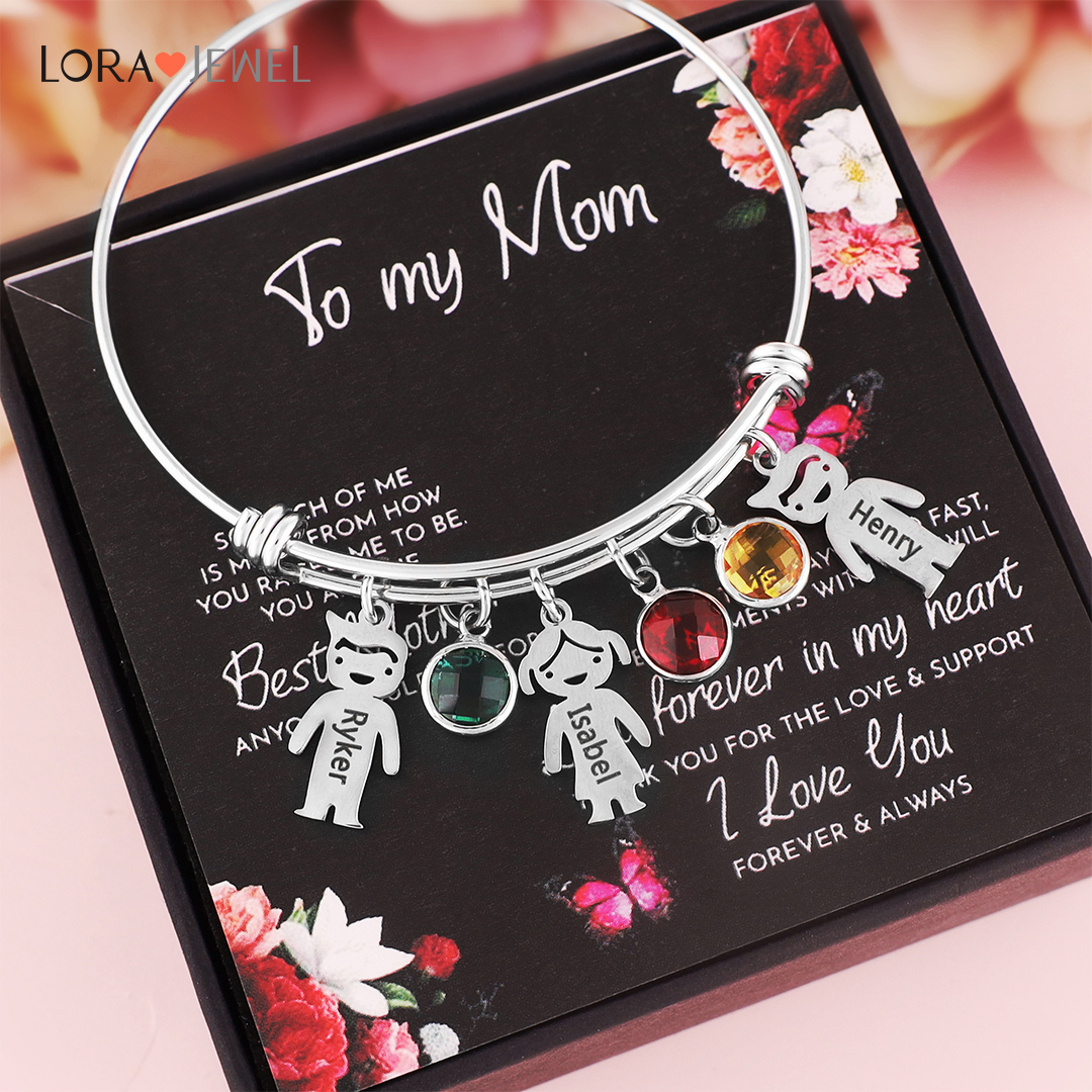 Women Bangle Bracelet with Kids Charms 3 Birthstones Engraved 3 Names Rose Box Set-Jessemade AU
