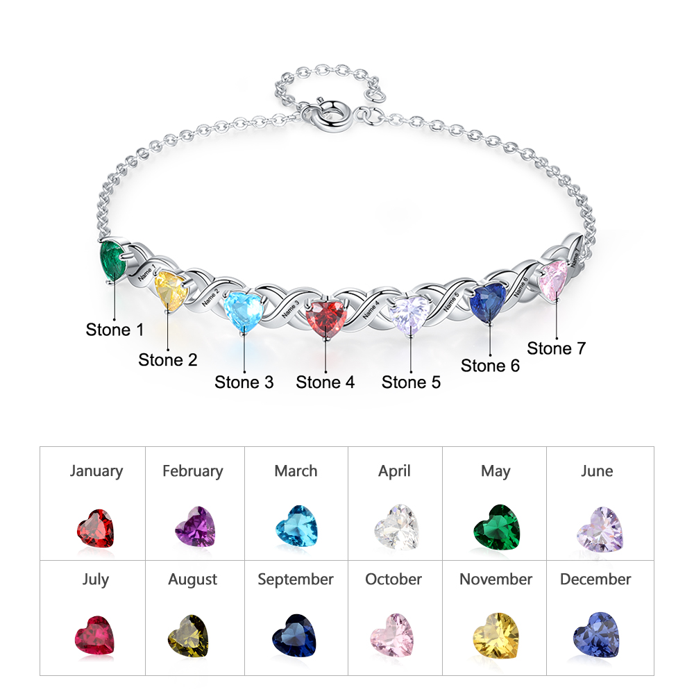 Family Custom Bracelet Heart Personalised with 7 Birthstones Gift Box Set-Jessemade AU