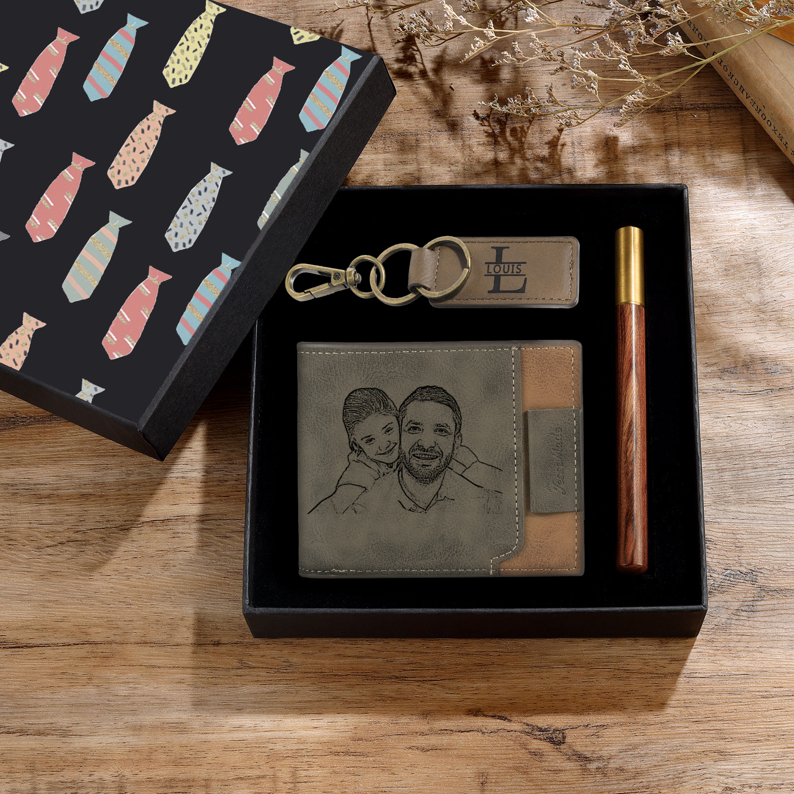Personalised 1 Photo & 2 Names & 2 Letters Gift Set Custom Wallet & Keychain & Pen Gift Box Set Father’s Day Gift for Him-Jessemade AU