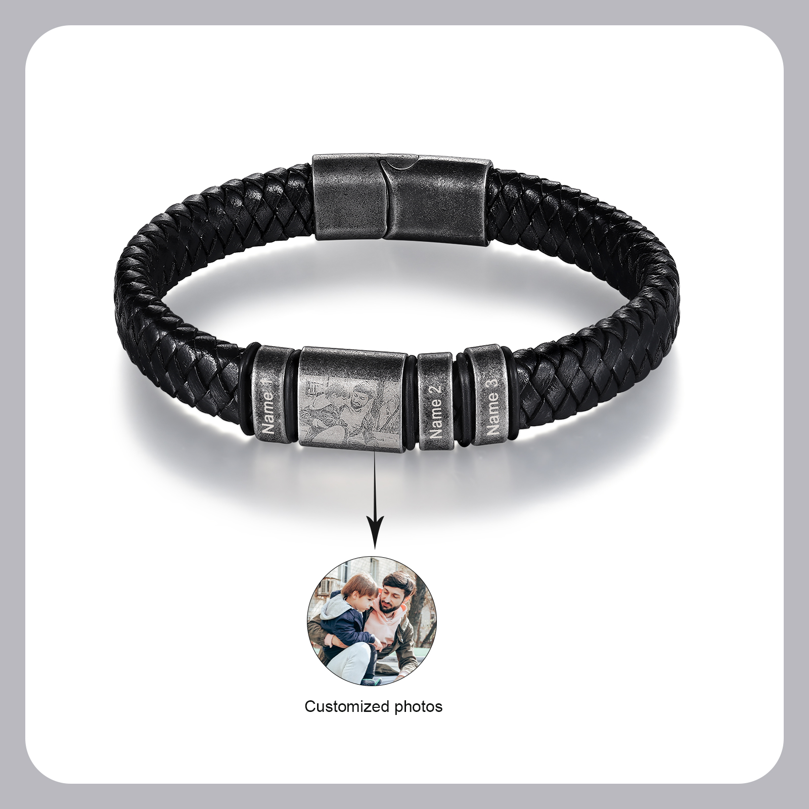 3 Names - Personalised Men's Leather Braided Bracelet Customised Name & Photo Bracelet Vintage Gift for Him-Jessemade AU