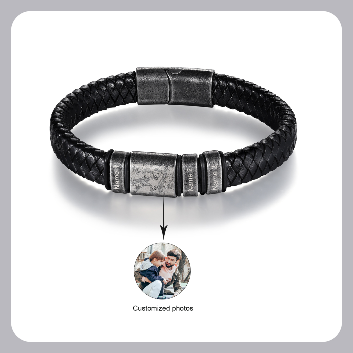 3 Names - Personalised Men's Leather Braided Bracelet Customised Name & Photo Bracelet Vintage Gift for Him-Jessemade AU
