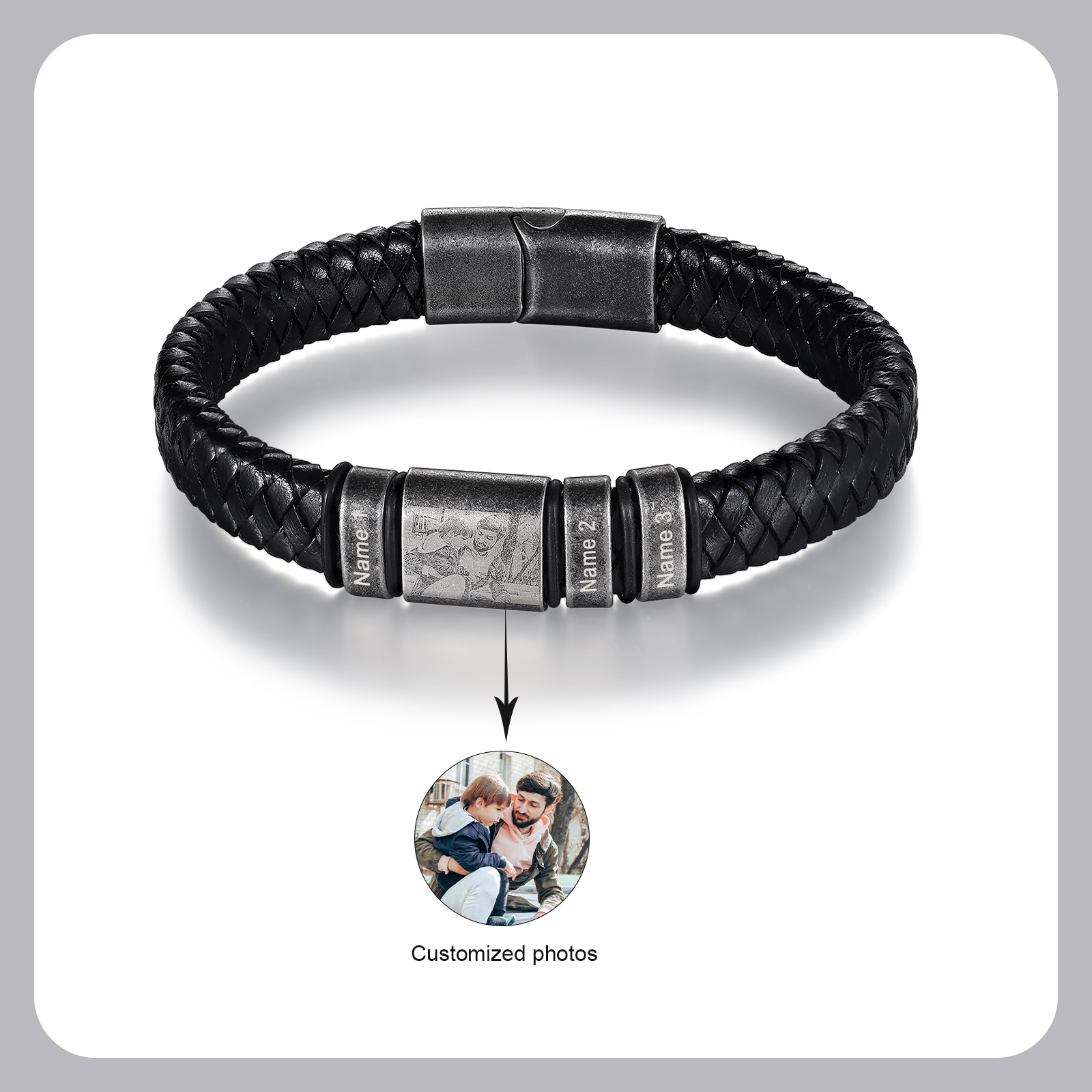 3 Names - Personalised Men's Leather Braided Bracelet Customised Name & Photo Bracelet Vintage Gift for Him-Jessemade AU
