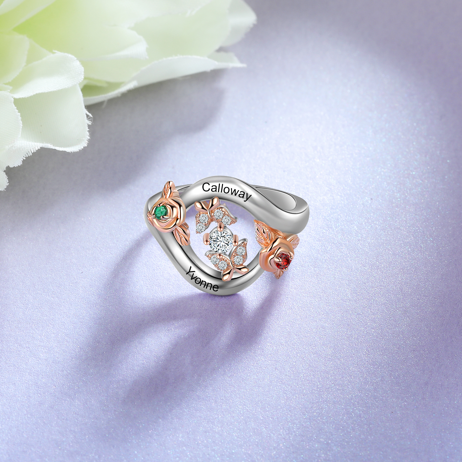 Personalised Rose Ring With 2 Birthstones Engraved Names Ring Gift For Women-Jessemade AU