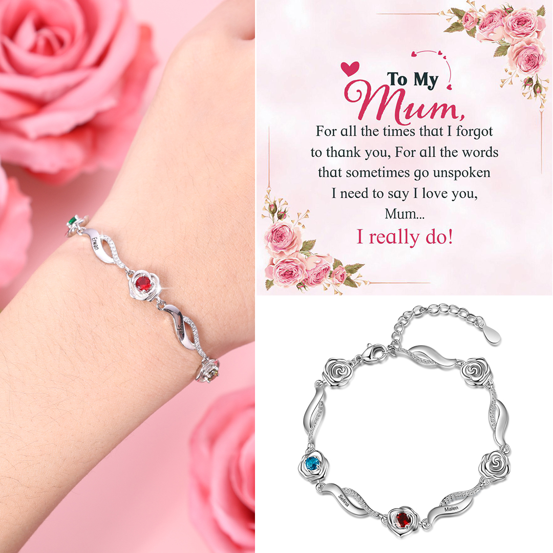 2 Names - Personalised Rose Bracelet Custom Names & Birthstones Adjustable Bracelet Gifts for Her-Jessemade AU