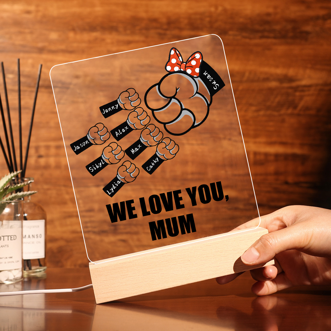 8 Names - Personalised Acrylic Night Light Custom Names & Text Fist Bump LED Lamp Gifts for Family-Jessemade AU